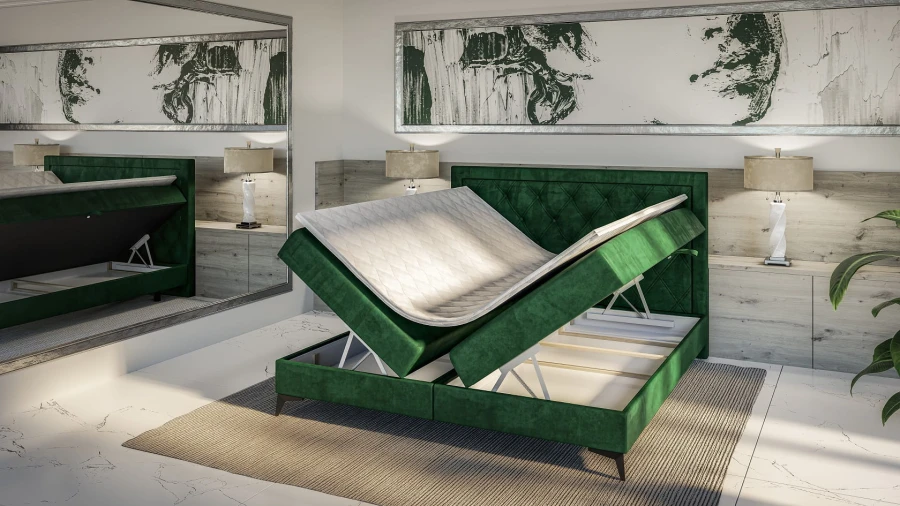 Elegantes grünes Polsterbett mit Stauraumfunktion in modernem Schlafzimmer.