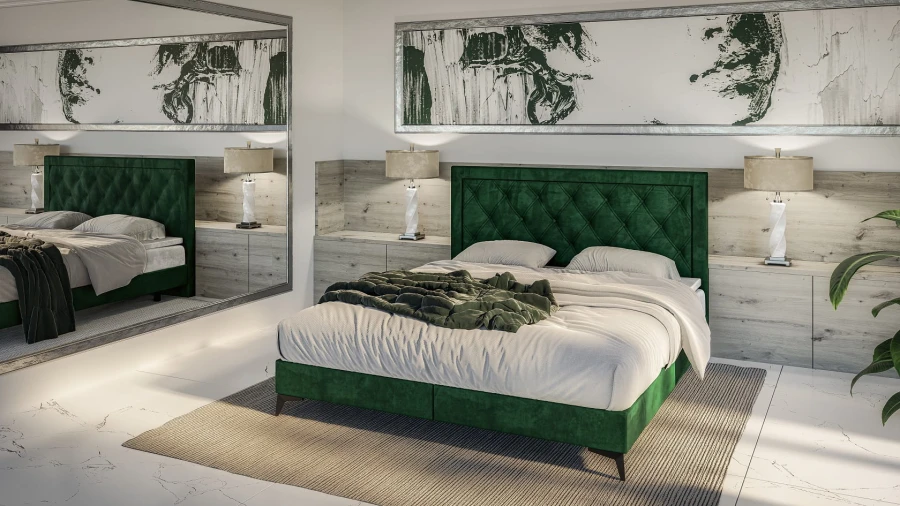 Modern eingerichtetes Schlafzimmer mit einem grünen Samt-Boxspringbett im Fokus.