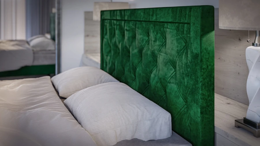 Gestepptes Kopfteil aus grünem Samt für ein luxuriöses Polsterbett.