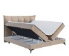 Beige Boxspringbett mit zwei offenen Bettkästen und Matratze auf weißem Hintergrund.
