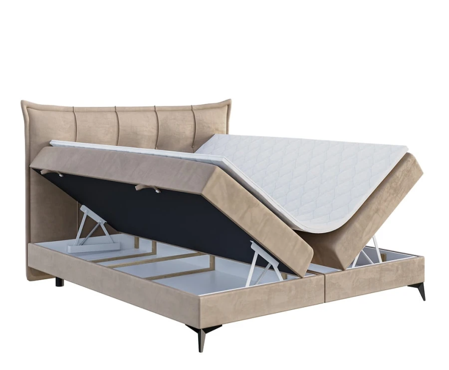 Beige Boxspringbett mit zwei offenen Bettkästen und Matratze auf weißem Hintergrund.