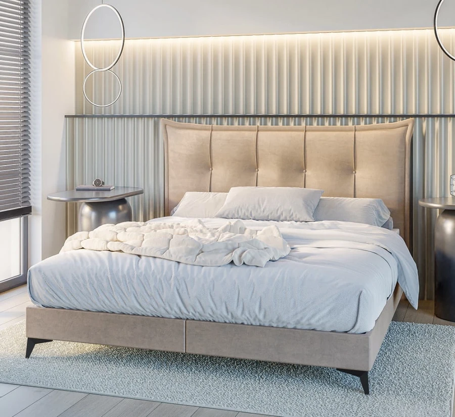 Gemütliches beiges Boxspringbett mit weißer Bettwäsche in modernem Schlafzimmer-Design.