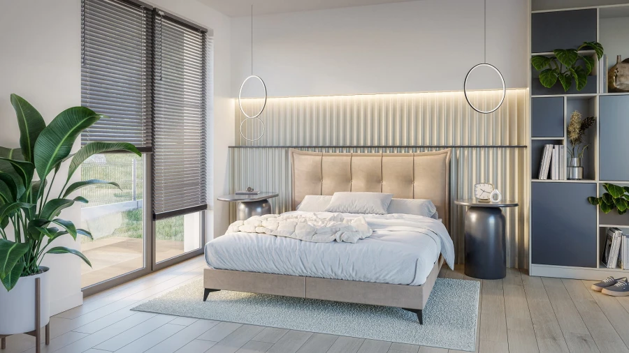 Stilvolles Schlafzimmer-Interieur mit beigem Polsterbett, Teppich und dekorativer Wandgestaltung.