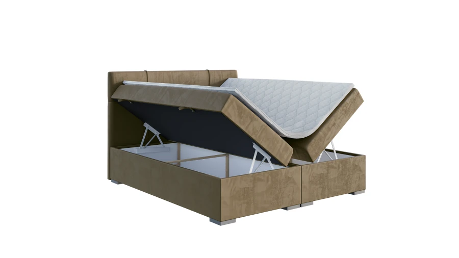 Braunes Polsterbett mit integriertem Bettkasten und viel Stauraum, Boxspring-Design, offene Ansicht.