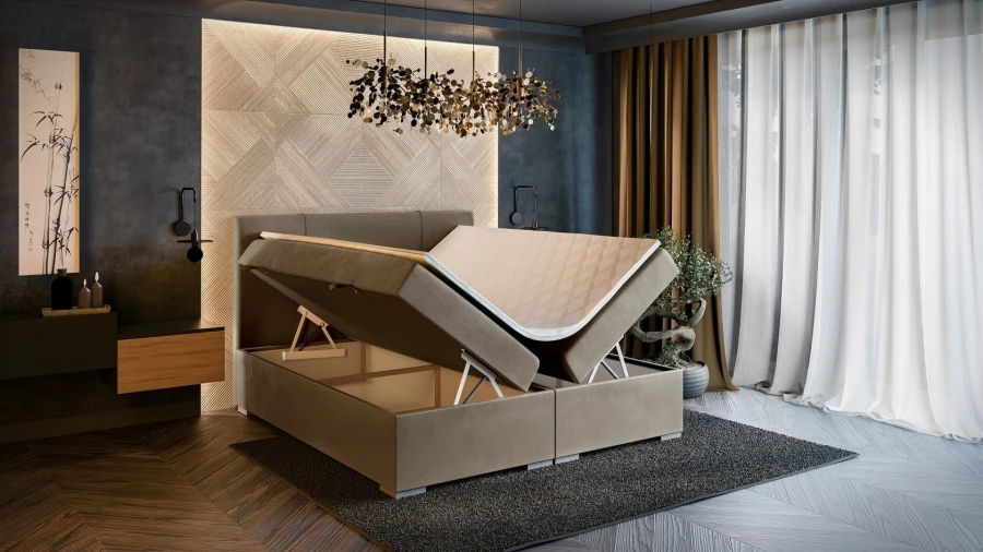 Modernes Boxspringbett in Beige mit offenem Bettkasten für zusätzlichen Stauraum im Schlafzimmer.
