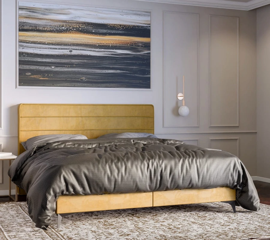 Modernes gelbes Polsterbett in einem eleganten Schlafzimmer mit abstrakter Wandkunst und Teppich.