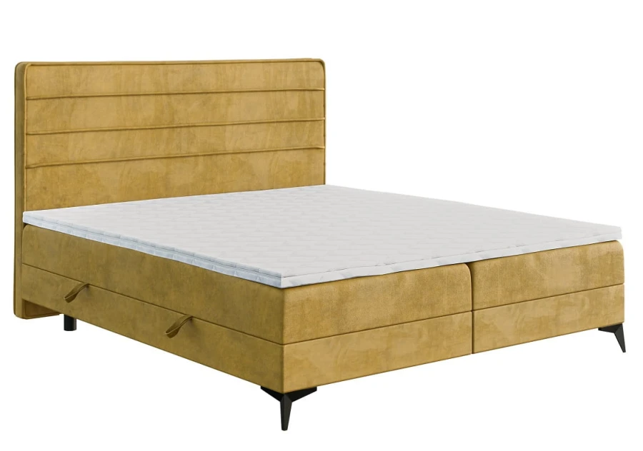 Modernes Boxspringbett in Senfgelb mit horizontal gestepptem Kopfteil auf weißem Hintergrund.