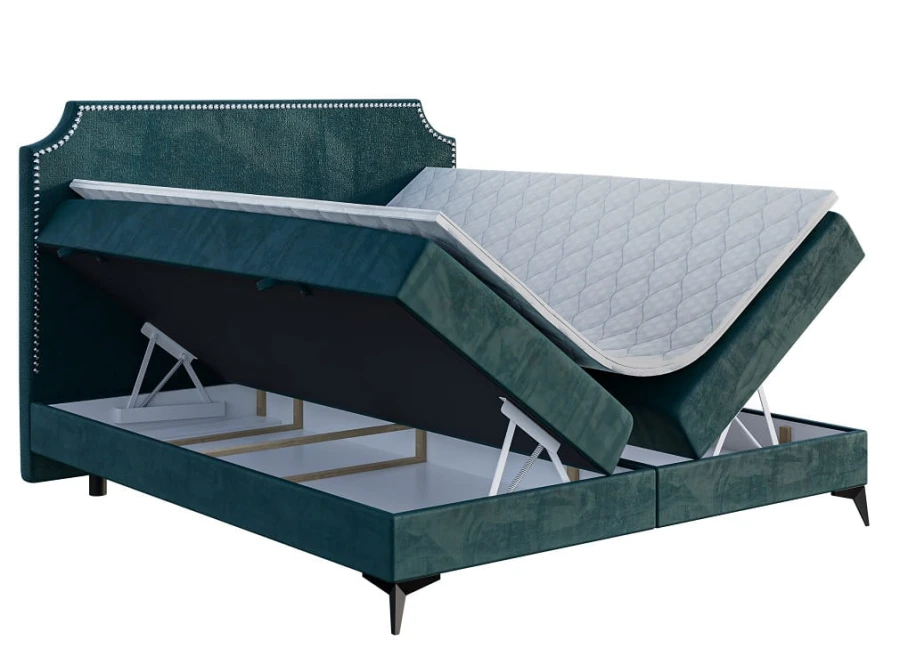 Modernes Boxspringbett in Türkis mit geöffnetem Bettkasten für extra Stauraum.
