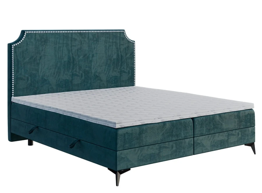Boxspringbett in Türkis mit gestepptem Kopfteil und weißer Matratze auf modernem Metallgestell.