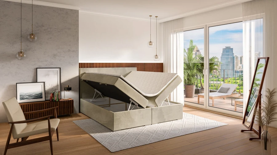 Modernes Boxspringbett in Beige mit offenem Bettkasten in hellem Schlafzimmer mit Aussicht.
