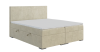 Klassisches Boxspringbett in Beige mit weichem Samtbezug und schlichtem Kopfteil auf weißem Grund.