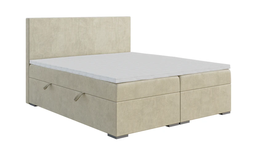 Klassisches Boxspringbett in Beige mit weichem Samtbezug und schlichtem Kopfteil auf weißem Grund.