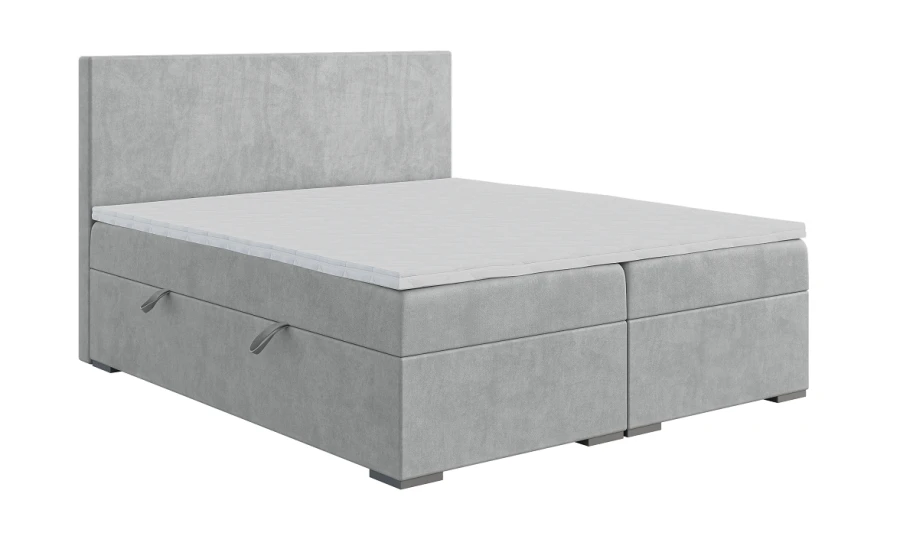 Stilvolles graues Boxspringbett mit Stauraum und weißer Matratze.