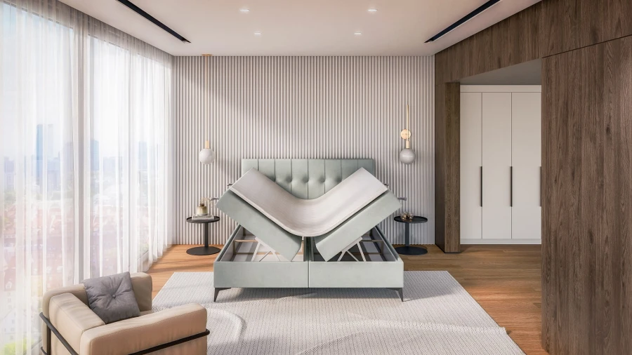 Stilvolles Schlafzimmer mit mintgrünem Samtbett inklusive Bettkasten-Funktion und moderner Wandgestaltung.