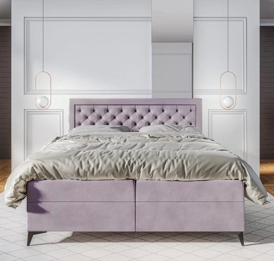 Stilvolles Schlafzimmer mit helllila Boxspringbett und modernem gestepptem Kopfteil.