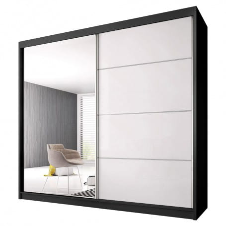 Schwarzer Schwebetürenschrank mit Spiegel und weißen Frontpaneelen.