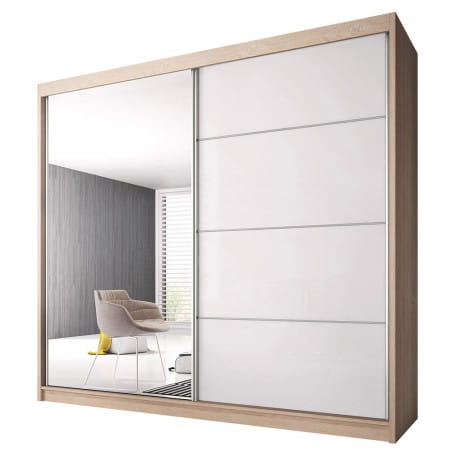 Schwebetürenschrank in Eiche hell mit großer Spiegelfront und weißen Türen.