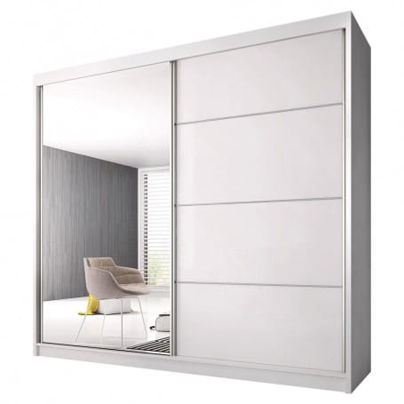 Moderner Kleiderschrank in Weiß mit Schiebetüren und großem Spiegel für das Schlafzimmer.