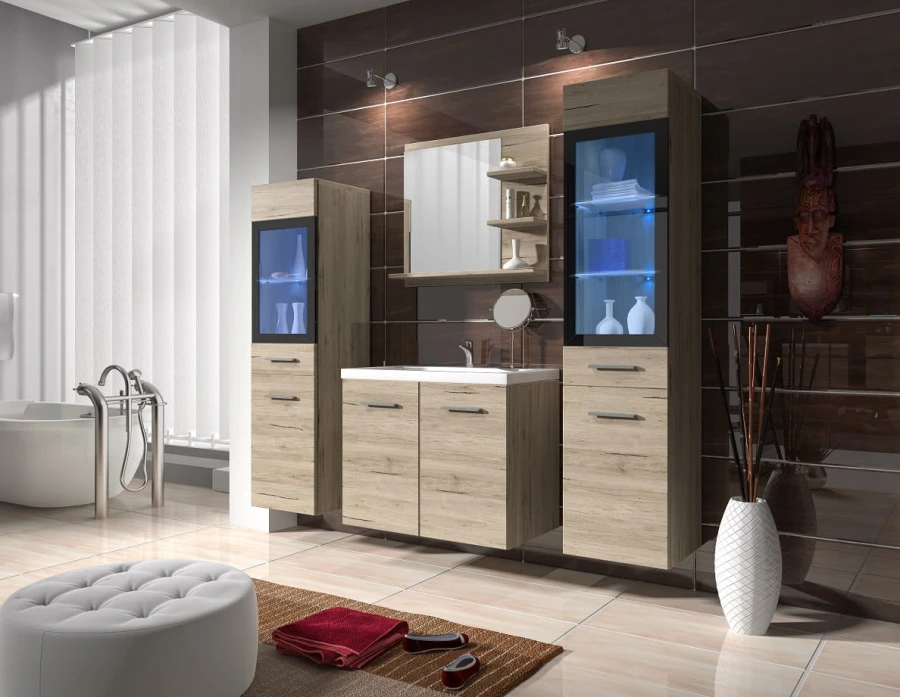 Badezimmer-Set in Kastanie Breslau Optik mit blauer LED-Beleuchtung in den Vitrinen.