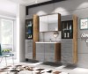 Badezimmermöbel Set in Grau Hochglanz und Eiche-Optik mit Spiegelschrank und Hochschränken.