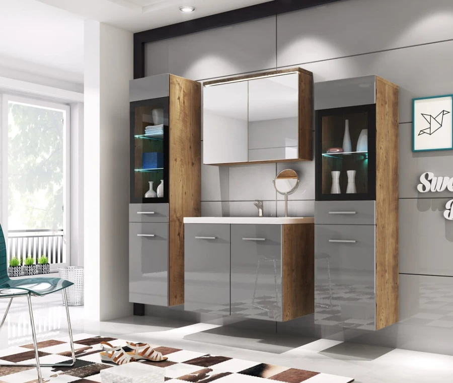 Badezimmermöbel Set in Grau Hochglanz und Eiche-Optik mit Spiegelschrank und Hochschränken.