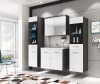 Modernes Badmöbel Set Weiß Hochglanz und Anthrazit mit LED-Beleuchtung und Glasvitrinen.