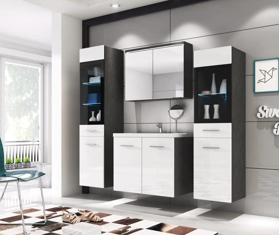 Modernes Badmöbel Set Weiß Hochglanz und Anthrazit mit LED-Beleuchtung und Glasvitrinen.