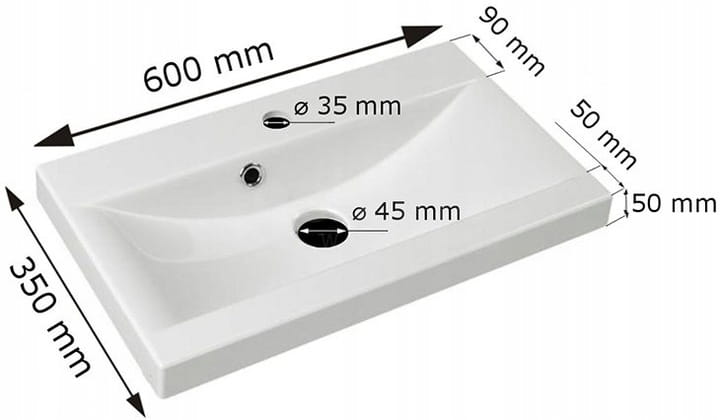 Technische Zeichnung Waschbecken 60x35 cm mit Maßangaben.