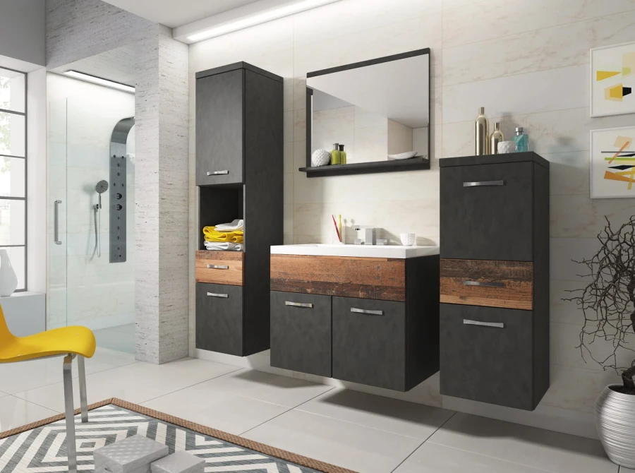 Badmöbel-Set in Anthrazit-Optik mit rustikalen Holzelementen für ein modernes Badezimmer.
