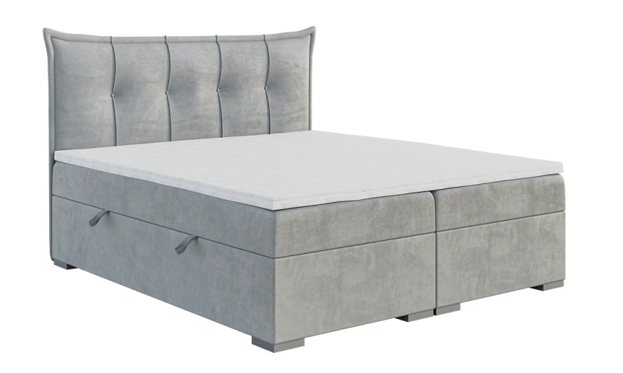 Modernes Boxspringbett in Grau mit elegant gestepptem Kopfteil und minimalistischem Design.