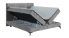 Graues Boxspringbett mit Stauraum und aufklappbarem Bettkasten vor weißem Hintergrund.