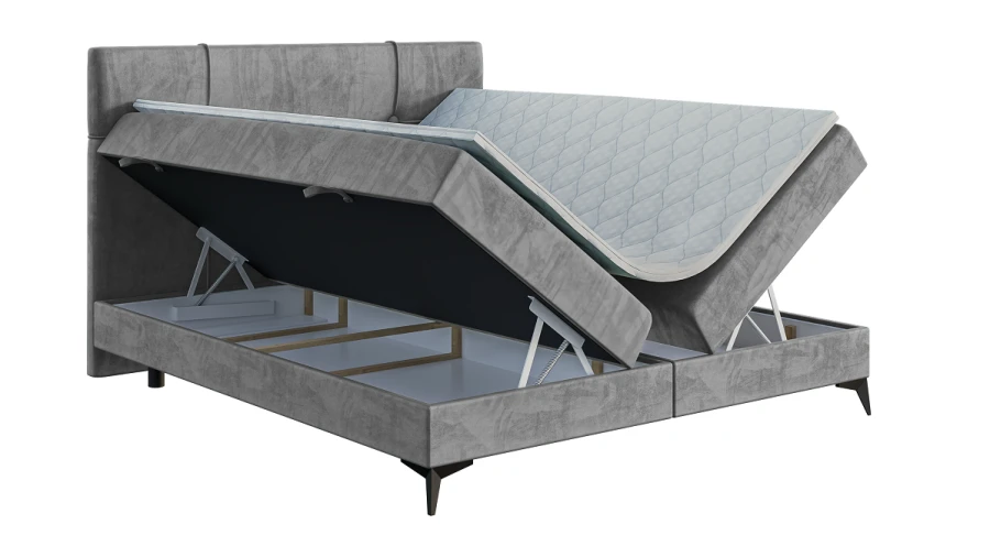 Graues Boxspringbett mit Stauraum und aufklappbarem Bettkasten vor weißem Hintergrund.