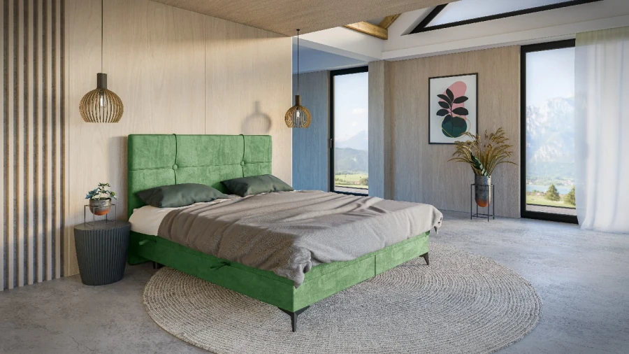 Modernes grünes Boxspringbett in hellem Schlafzimmer mit Aussicht auf die Berge.