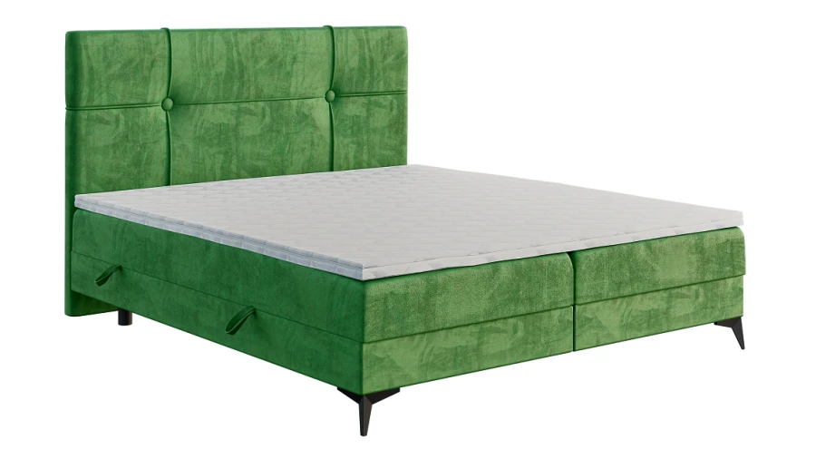Grünes Boxspringbett mit gepolstertem Kopfteil und schwarzen Metallbeinen