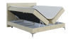Beige Boxspringbett mit praktischem, seitlich aufgeklapptem Bettkasten für Stauraum.