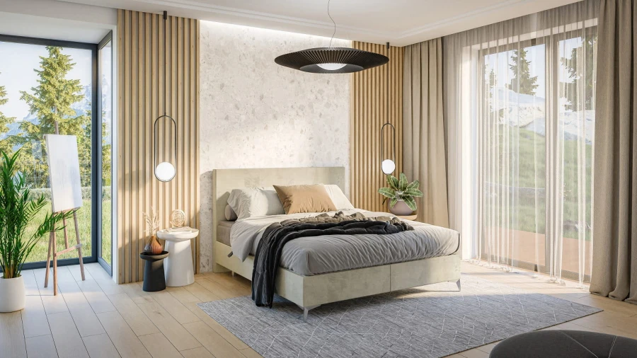 Modernes Schlafzimmer mit beige gepolstertem Boxspringbett und dekorativer Holzwand.