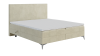 Elegantes beige Polsterbett in Boxspring-Optik mit hohem Kopfteil auf weißem Hintergrund.