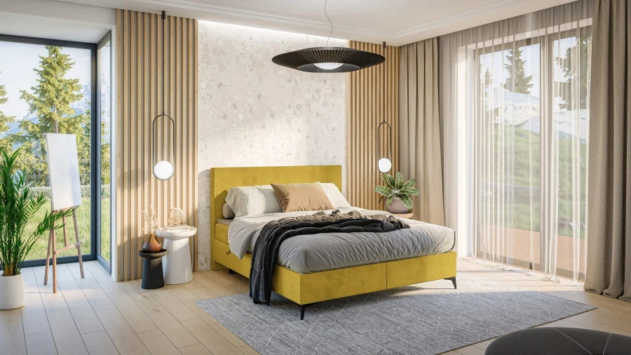 Stilvolles Schlafzimmer mit senfgelbem Boxspringbett als Farbakzent im modernen Interieur.