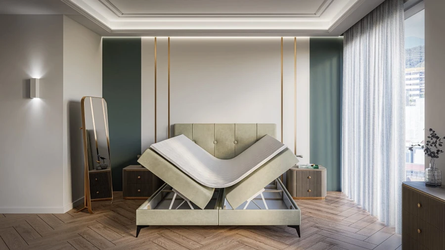 Modernes beiges Polsterbett mit offenem Bettkasten in einem stilvoll eingerichteten Schlafzimmer.