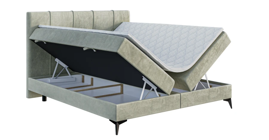 Freigestelltes Polsterbett in Beige mit beidseitig aufklappbarem Bettkasten für maximalen Stauraum.