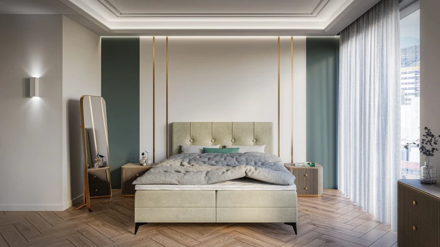 Elegantes beiges Polsterbett im modern gestalteten Schlafzimmer mit grauer Bettwäsche und Parkett.