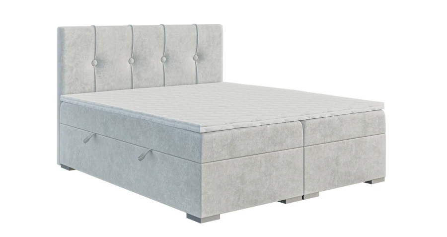 Hellgraues Boxspringbett mit gepolstertem Kopfteil und praktischem Bettkasten für Stauraum.