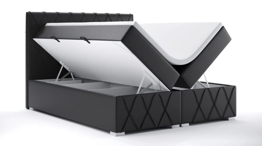 Schwarzes Boxspringbett mit offenem Bettkasten für Stauraum und dekorativer Rautensteppung.