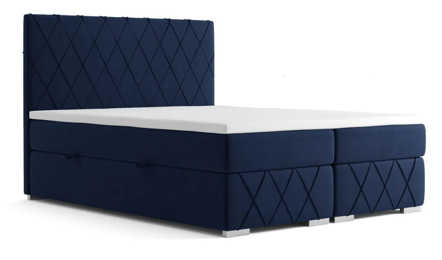 Dunkelblaues Boxspringbett mit hochwertigem Stoffbezug und stilvollem Design für das Schlafzimmer.
