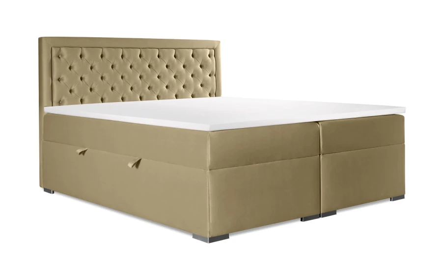 Elegantes Boxspringbett in Beige mit gestepptem Kopfteil auf weißem Hintergrund.
