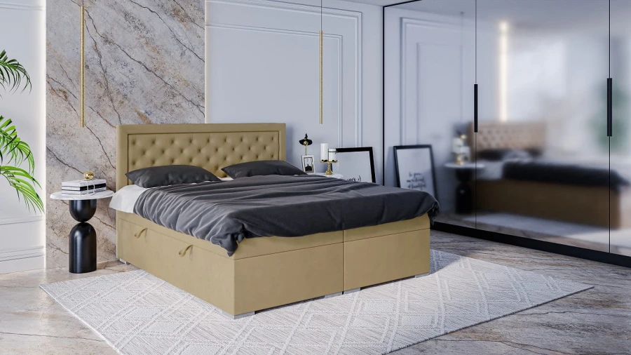 Modernes Boxspringbett in Beige mit grauer Bettwäsche in einem stilvollen Schlafzimmer.