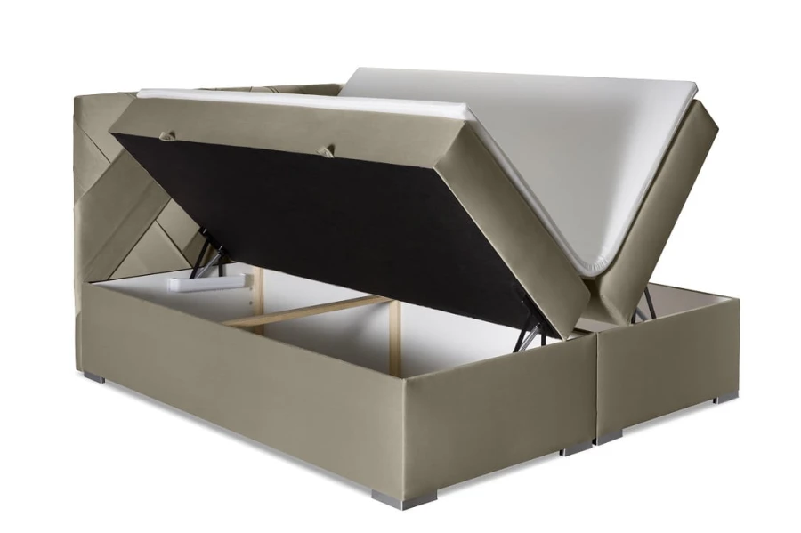 Beiges Boxspringbett mit großem Bettkasten und Stauraum