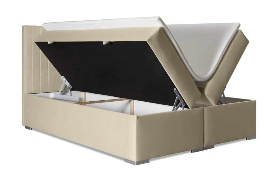 Beige gepolstertes Bett mit zwei großen Bettkästen für praktischen Stauraum im Schlafzimmer.