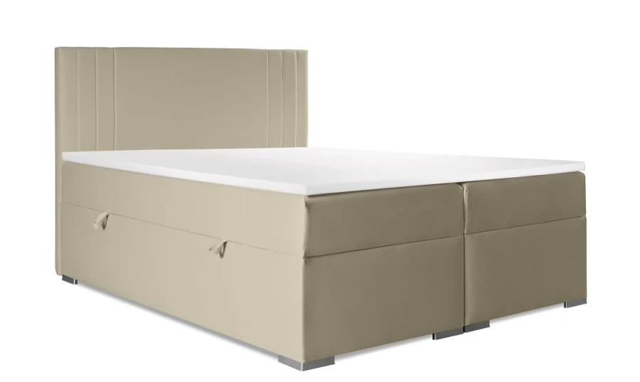 Modernes Boxspringbett in Beige mit gepolstertem Kopfteil und praktischem Stauraum für das Schlafzimmer.
