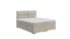 Modernes beige Polsterbett mit hohem Kopfteil, freigestellt auf weißem Hintergrund.